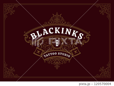 Vintage golden swirl luxury antique ribbon logo design template vector illustration 120570004