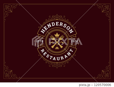 Vintage luxury floral swirl golden crossed fork with crown restaurant logo design template vector Vintage luxury floral swirl golden crossed fork with crown restaurant logo design template vector 120570006