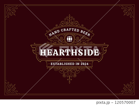 Antique luxury golden swirl ornate barrel craft beer pub bar logo design template vector 120570007