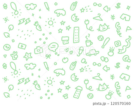 落書きを詰め合わせたような可愛い背景　月　ハート　猫　キラキラ 120570160