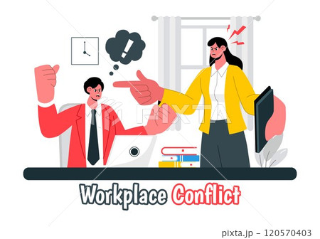 Workplace Conflict Illustration featuring Arguing Coworkers Having a Dispute in the Office While Discussing Business Issues and Teamwork Problems Workplace Conflict Illustration featuring Arguing Coworkers Having a Dispute in the Office While Discussing Business Issues and Teamwork Problems 120570403