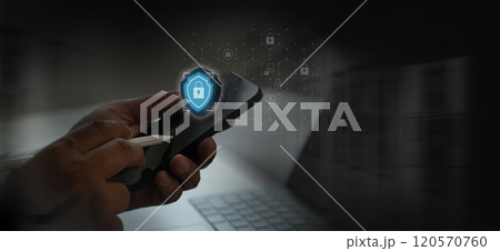 data security businessman using online computer password privacy data security on display at office 120570760