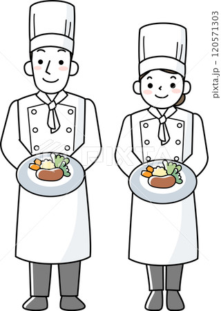 正面を向いて立つ料理人の女性と男性 120571303