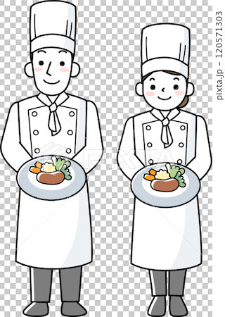正面を向いて立つ料理人の女性と男性 120571303