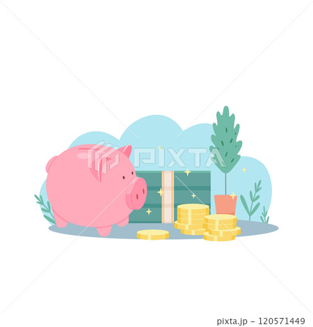 Piggy bank on background of paper money and coins. Concept of accumulation conserving and multiplying finances. Piggy bank on background of paper money and coins. Concept of accumulation conserving and multiplying finances. 120571449