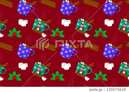 Seamless Christmas Hot Cocoa Pattern with Marshmallows and Holly on Red Background Seamless Christmas Hot Cocoa Pattern with Marshmallows and Holly on Red Background 120571639