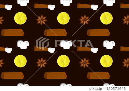 Seamless Pattern of Cinnamon Sticks, Marshmallows, Lemon Slices, and Star Anise on Dark Background 120571643