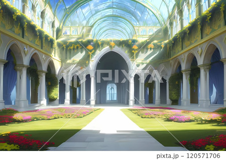 RPGファンタジーゲーム背景　異世界神殿回廊ホール 120571706