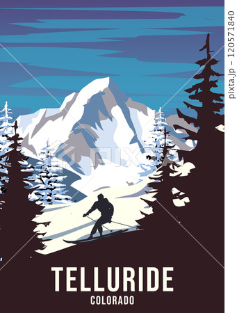 Vintage Travel poster Ski Telluride resort. America winter landscape travel card 120571840