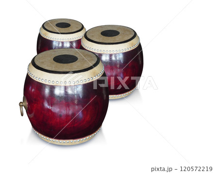 three red and brown wooden and sheepskin chatri drum on white background, object, decor, ancient, music, copy space three red and brown wooden and sheepskin chatri drum on white background, object, decor, ancient, music, copy space 120572219