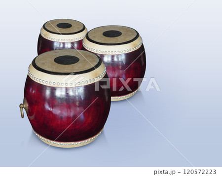 top view three red and brown wooden chatri drum on gradient white and blue background, object, decor, ancient, music, copy space 120572223