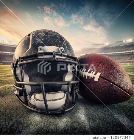 A football helmet and a football are on a field 120572347