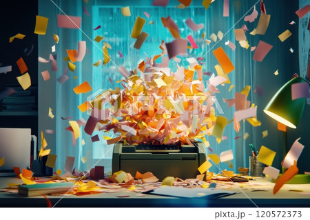 A printer is spewing out paper in a room with a wall 120572373
