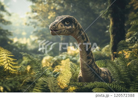 A cartoon dinosaur is standing in a lush green forest 120572388