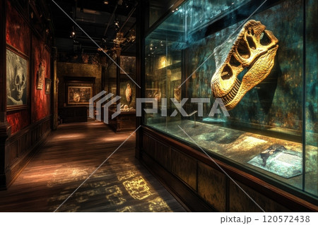 A dinosaur skull is displayed in a glass case A dinosaur skull is displayed in a glass case 120572438