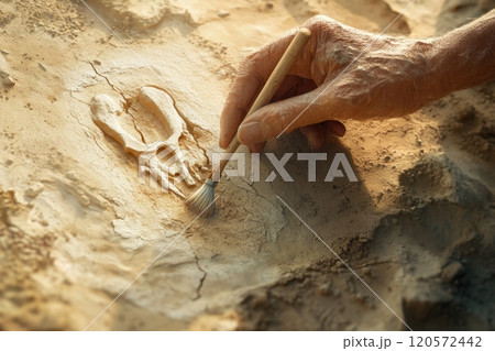 A man is looking at a fossil on the ground A man is looking at a fossil on the ground 120572442