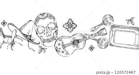 Mexican symbols sombrero hat, guitar maracas musical instruments, tequila, cinco de mayo floral skull. Hand drawn ink vector illustration. Isolated seamless banner. Design travel, vacation, brochure 120572467
