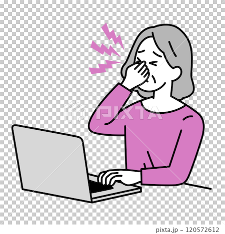 ノートパソコンでの仕事中に眼精疲労がつらい年配の女性 120572612
