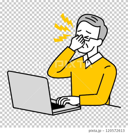 ノートパソコンでの仕事中に眼精疲労がつらい年配の男性 120572613