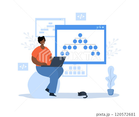 Sitemap creation. Website creation tool. African Female developer with laptop. Online software and web page structure. UX designer workflow. Vector illustration in cartoon style 120572681