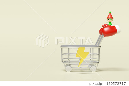 3d warm mittens pushing shopping cart with elves, thunderbolt isolated on beige background. flash sale banner, online shopping, merry christmas, festive new year holiday concept,3d render illustration 3d warm mittens pushing shopping cart with elves, thunderbolt isolated on beige background. flash sale banner, online shopping, merry christmas, festive new year holiday concept,3d render illustration 120572717