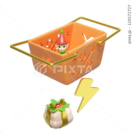 3d little elves in basket with thunderbolt, gift box isolated. flash sale banner, online shopping, merry christmas, festive new year holiday concept, 3d render illustration 3d little elves in basket with thunderbolt, gift box isolated. flash sale banner, online shopping, merry christmas, festive new year holiday concept, 3d render illustration 120572727