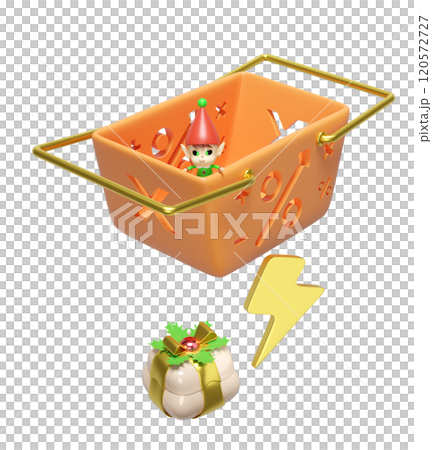 3d little elves in basket with thunderbolt, gift box isolated. flash sale banner, online shopping, merry christmas, festive new year holiday concept, 3d render illustration 3d little elves in basket with thunderbolt, gift box isolated. flash sale banner, online shopping, merry christmas, festive new year holiday concept, 3d render illustration 120572727