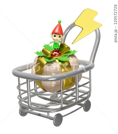 3d little elves in shopping cart with thunderbolt, gift box isolated. flash sale banner, online shopping, merry christmas, festive new year holiday concept, 3d render illustration 120572728