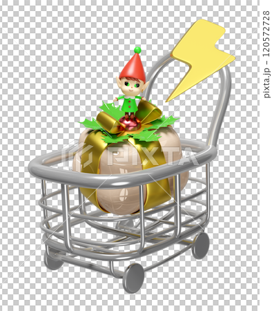 3d little elves in shopping cart with thunderbolt, gift box isolated. flash sale banner, online shopping, merry christmas, festive new year holiday concept, 3d render illustration 120572728
