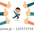 Vector illustration business concept happy businessman with many thumbs up hands 120572744