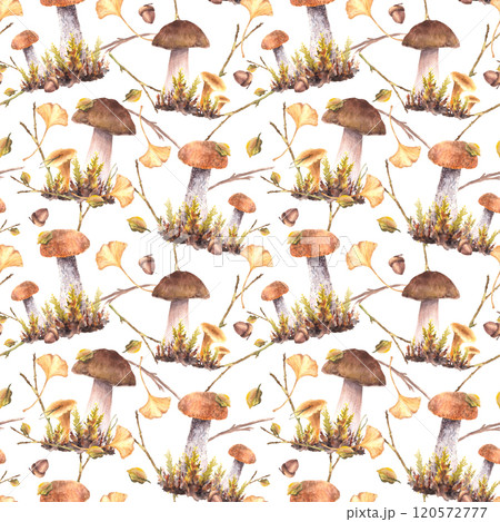 Mushrooms seamless pattern. Boletus brown cap, Porcini, Chanterelle with moos and yellow leaves. Forest wild harvest. Autumn package. Watercolor hand drawn illustration on isolated white background 120572777