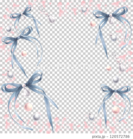 Blue bows, ribbons with pearl earrings on watercolor pink spots splashes abstract background. Square frame. Coquette style template, girly birthday card, label Hand drawn illustration isolated clipart 120572786