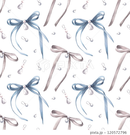 Watercolor bows, ribbons and pearl earrings seamless pattern. Girly romantic blue and grey silver coquette style fabric. Hairband, jewellery hand drawn Illustration on isolated white background 120572796
