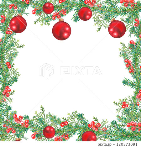 Square frame of spruce green branches, thuja, holly berries, red Christmas balls. Hand drawn watercolor illustration of botanical winter elements on isolated background. Template for Xmas invitations. Square frame of spruce green branches, thuja, holly berries, red Christmas balls. Hand drawn watercolor illustration of botanical winter elements on isolated background. Template for Xmas invitations. 120573091