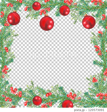Square frame of spruce green branches, thuja, holly berries, red Christmas balls. Hand drawn watercolor illustration of botanical winter elements on isolated background. Template for Xmas invitations. Square frame of spruce green branches, thuja, holly berries, red Christmas balls. Hand drawn watercolor illustration of botanical winter elements on isolated background. Template for Xmas invitations. 120573091
