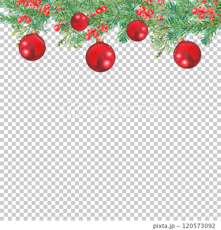 Square frame of spruce green branches, thuja, holly berries, red Christmas balls. Hand drawn watercolor illustration of botanical winter elements on isolated background. Template for Xmas invitations. 120573092