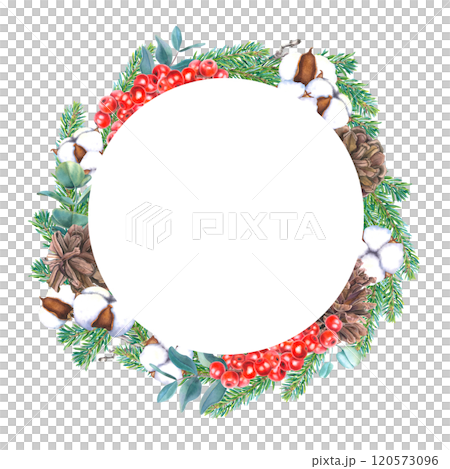 Christmas wreath with ilex, cones, coniferous branches, eucalyptus and bolls of cotton flower. Hand drawn watercolor illustration of round frame on an isolated background. Botanical design for cards. Christmas wreath with ilex, cones, coniferous branches, eucalyptus and bolls of cotton flower. Hand drawn watercolor illustration of round frame on an isolated background. Botanical design for cards. 120573096