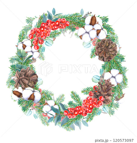 Christmas wreath with ilex, cones, coniferous branches, eucalyptus and bolls of cotton flower. Hand drawn watercolor illustration of round frame on an isolated background. Botanical design for cards. Christmas wreath with ilex, cones, coniferous branches, eucalyptus and bolls of cotton flower. Hand drawn watercolor illustration of round frame on an isolated background. Botanical design for cards. 120573097