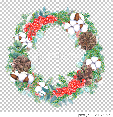 Christmas wreath with ilex, cones, coniferous branches, eucalyptus and bolls of cotton flower. Hand drawn watercolor illustration of round frame on an isolated background. Botanical design for cards. Christmas wreath with ilex, cones, coniferous branches, eucalyptus and bolls of cotton flower. Hand drawn watercolor illustration of round frame on an isolated background. Botanical design for cards. 120573097