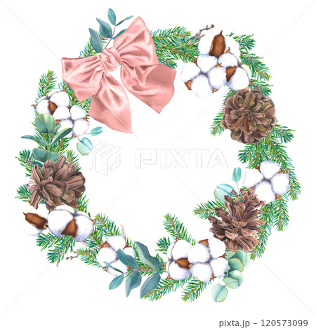 Wreath with pine cones, coniferous branches, eucalyptus, bolls of cotton and pink ribbon bow. Hand drawn watercolor illustration of round frame on an isolated background. Christmas design for cards. Wreath with pine cones, coniferous branches, eucalyptus, bolls of cotton and pink ribbon bow. Hand drawn watercolor illustration of round frame on an isolated background. Christmas design for cards. 120573099