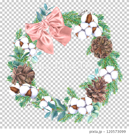 Wreath with pine cones, coniferous branches, eucalyptus, bolls of cotton and pink ribbon bow. Hand drawn watercolor illustration of round frame on an isolated background. Christmas design for cards. Wreath with pine cones, coniferous branches, eucalyptus, bolls of cotton and pink ribbon bow. Hand drawn watercolor illustration of round frame on an isolated background. Christmas design for cards. 120573099