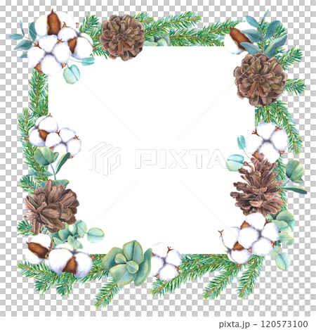 Frame with watercolor Christmas tree branches, pine cones, eucalyptus and bolls of cotton. Hand drawn illustration of template for New Year invitations. Border with spruce twigs on isolated background Frame with watercolor Christmas tree branches, pine cones, eucalyptus and bolls of cotton. Hand drawn illustration of template for New Year invitations. Border with spruce twigs on isolated background 120573100