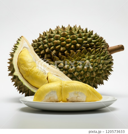 Hyper-realistic durian photograph: ripe flesh on white plate, whole spiky fruit partially open, against clean white background. Studio lighting, vivid detail. Hyper-realistic durian photograph: ripe flesh on white plate, whole spiky fruit partially open, against clean white background. Studio lighting, vivid detail. 120573633