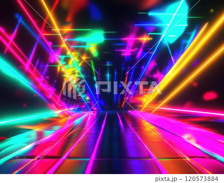 Dazzling retro disco background with vibrant neon colors and abstract patterns, perfect for digital product placement in 80s-styled designs. 120573884