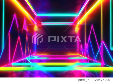 Dazzling retro disco background with vibrant neon colors and abstract patterns, perfect for digital product placement in 80s-styled designs. 120573900
