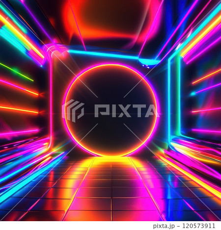 Dazzling retro disco background with vibrant neon colors and abstract patterns, perfect for digital product placement in 80s-styled designs. 120573911