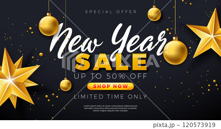 Happy New Year Sale 2025 Design with Typography Lettering, Gold Christmas Ball and Star on Black Background. Holiday Special Offer Campaign Discount Illustration for Coupon, Voucher, Banner, Flyer Happy New Year Sale 2025 Design with Typography Lettering, Gold Christmas Ball and Star on Black Background. Holiday Special Offer Campaign Discount Illustration for Coupon, Voucher, Banner, Flyer 120573919