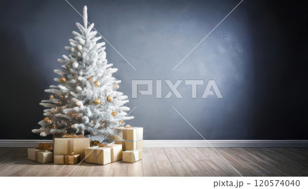 《AI画像》部屋の中に飾られた白いクリスマスツリーとプレゼント 120574040