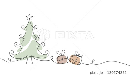 Continuous one line drawing of Christmas tree with gifts boxes. Illustration for postcard, greeting card decoration. 120574283