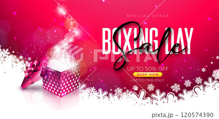 Boxing Day Sale Design with Gift Box and Typography Lettering on Snowflake Background. Christmas Holiday Vector Business Illustration with Special Offer Elements for Coupon, Voucher, Banner, Flyer Boxing Day Sale Design with Gift Box and Typography Lettering on Snowflake Background. Christmas Holiday Vector Business Illustration with Special Offer Elements for Coupon, Voucher, Banner, Flyer 120574390